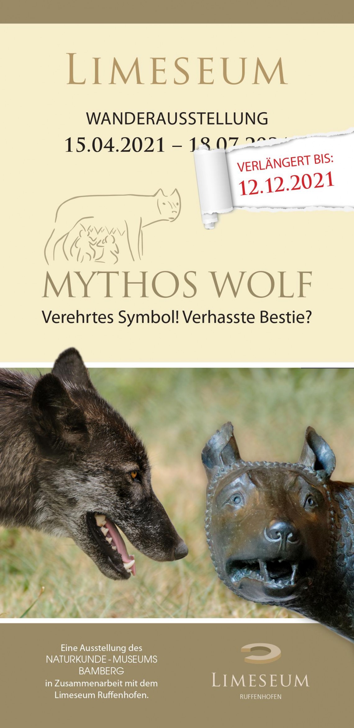 Flyer der bis zum 12.12.21 verlängerten Sonderausstellung mit dem fotografischen Vergleich Wolf - römischer Wolf
