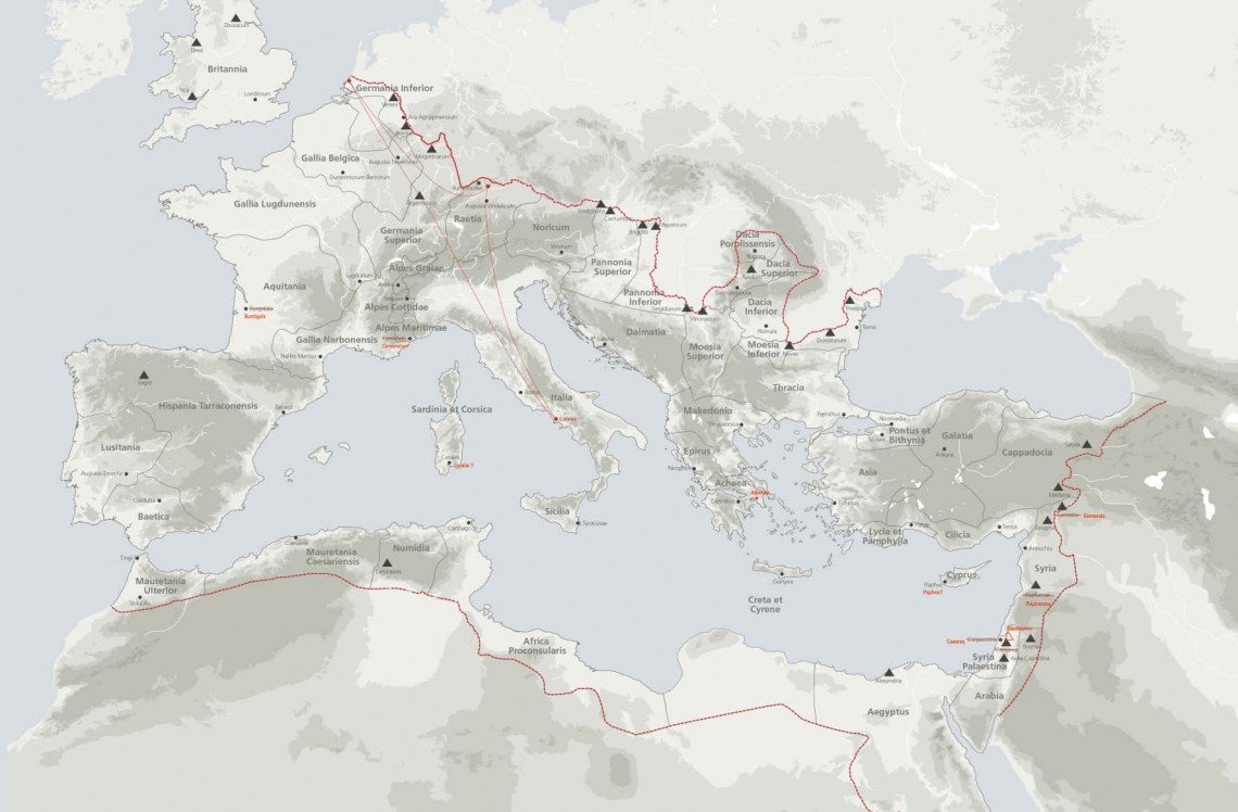 Landkarte des römischen Reiches mit dem Grenzverlauf in roter Farbe